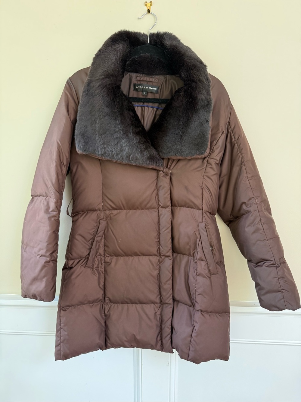 Andrew Marc Brown Quilted Puffer Coat with real rabbit fur Collar